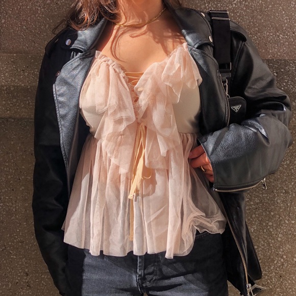 Tops - Nude tulle lace up top